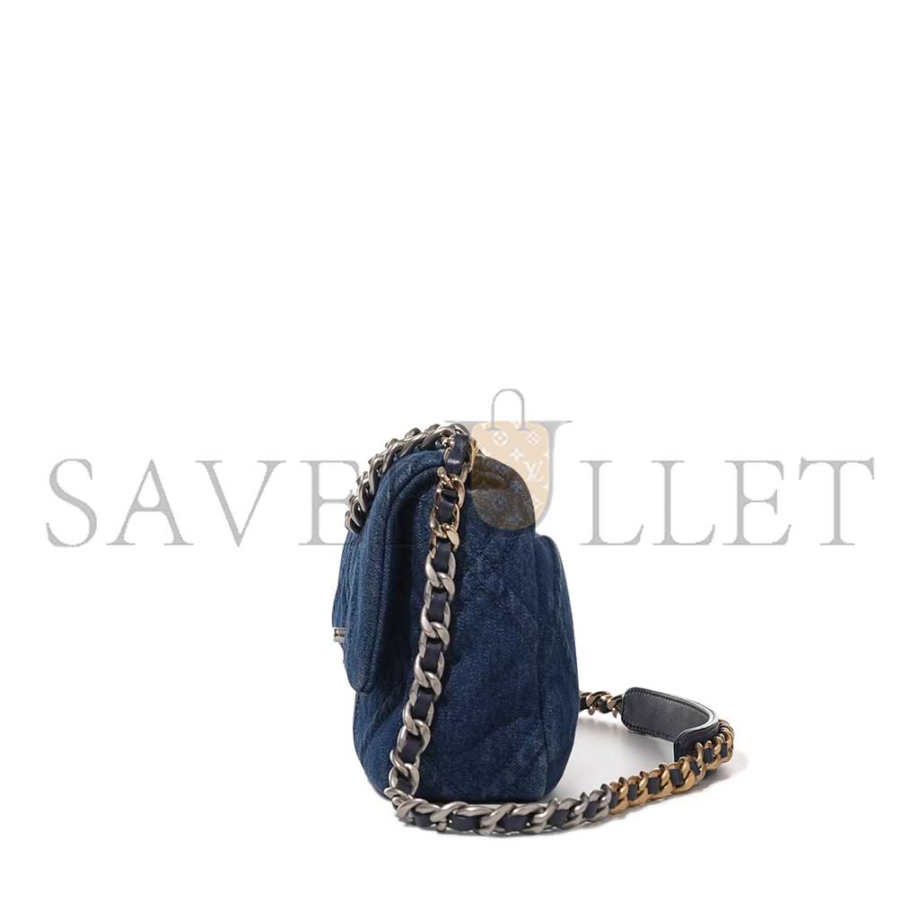 Ch*el blue quilted denim 19 flap bag ruthenium, brushed gold and pale gold hardware as1160 (26*16*9cm)